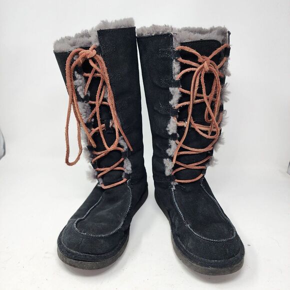 Ugg Uptown Boots Black‎ Suede Gray Shearling Lining Leather Lace Up Size 7 - Picture 13 of 13